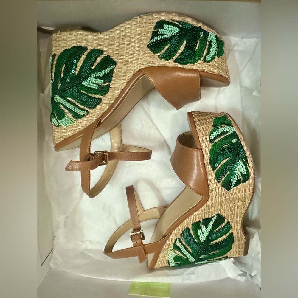 Michael Kors Tan Woven Wedges with Green Leaf Accents